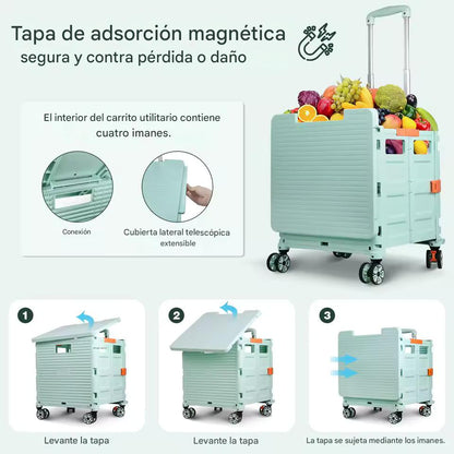 Carro de compra plegable con ruedas y asa ajustable - Fácil transporte